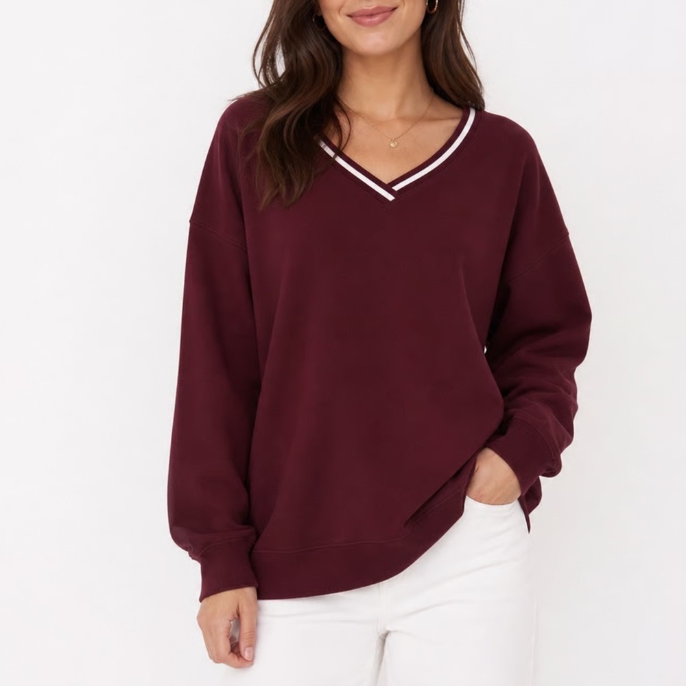 We Wander Burgundy V-Neck Striped Trim Fleece Pullover Sweatshirt 1X